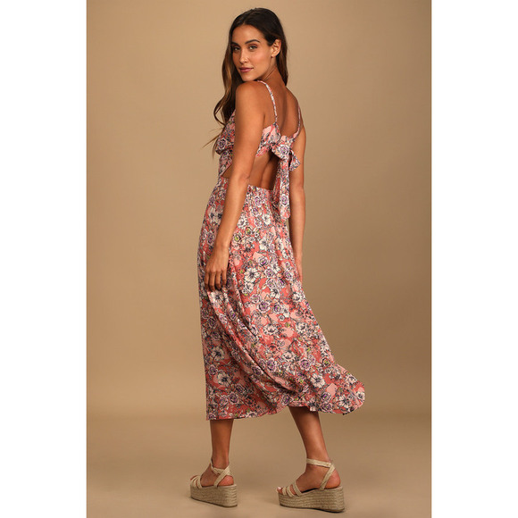 Lulus Dresses & Skirts - Lulus Ties With You Rose Pink Floral Print Tie-back Midi Dress - Size XXL